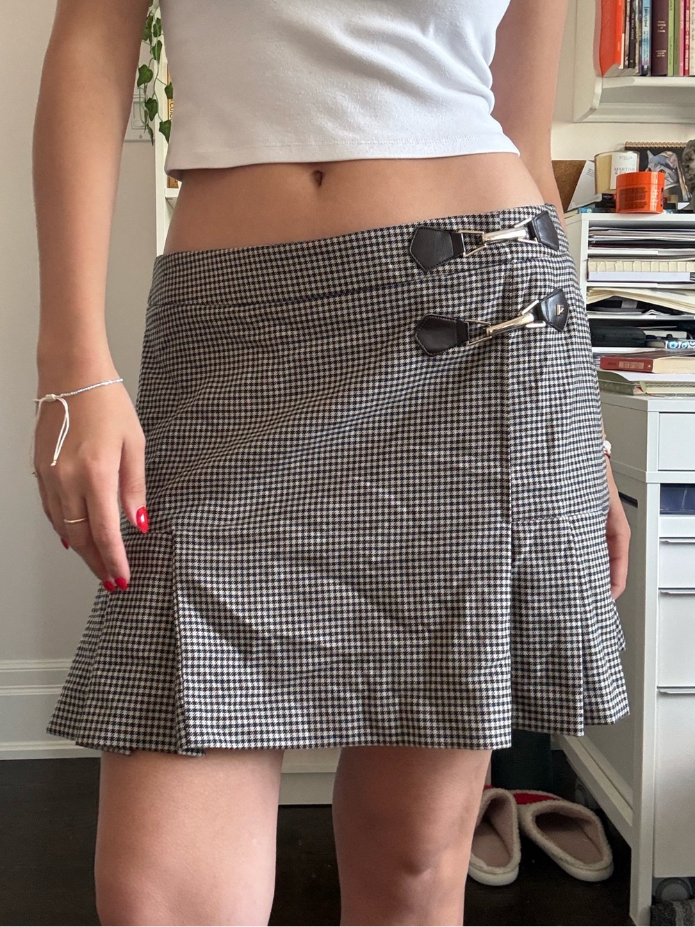 High-Rise Black & White Gingham Mini Wrap Skirt with Buckle Detail